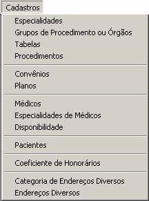 Menu cadastros